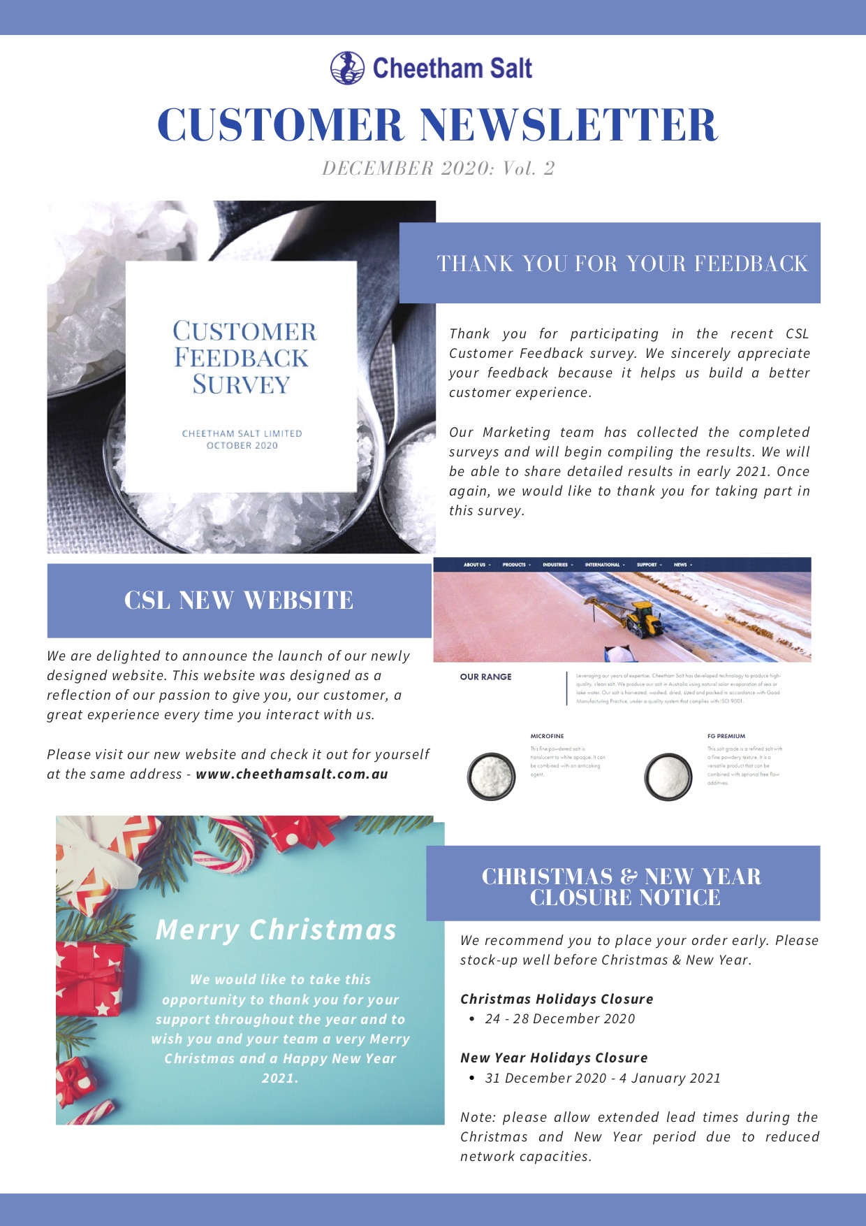The front cover of the December 2020 Cheetham Salt Customer Newsletter. The cover includes information about the customer feedback survey.