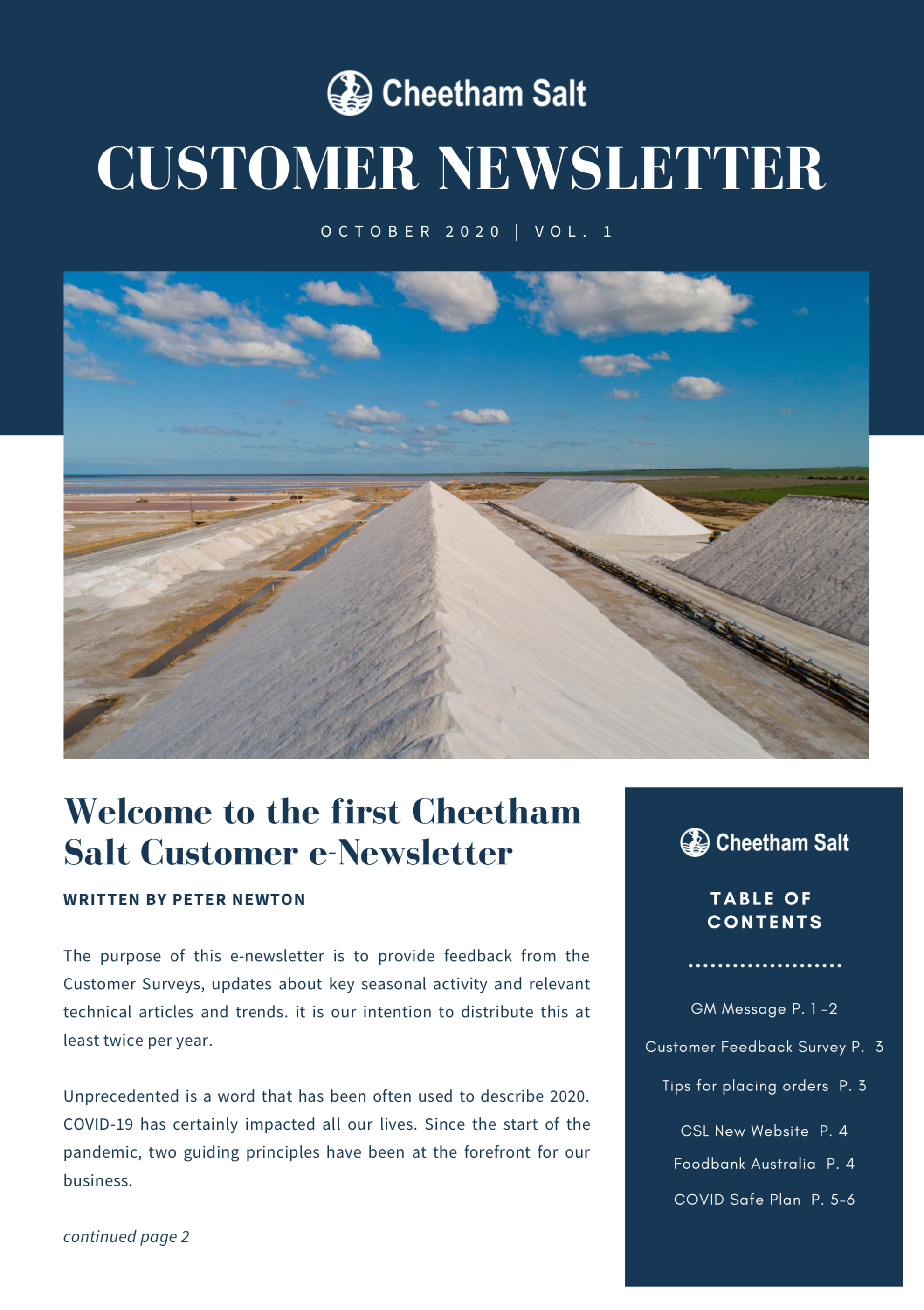 October 2020 Customer Newsletter. The customer newsletter includes an image, a short piece of text, and a table of contents.