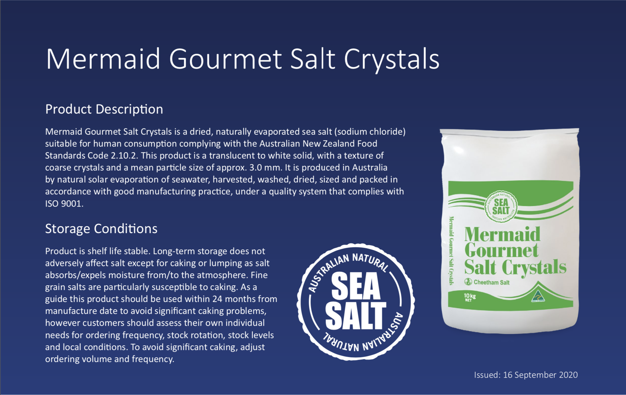 Mermaid Gourmet Salt Crystals product description. The product description includes details about the food grade salt, an image of the product, and storage conditions.