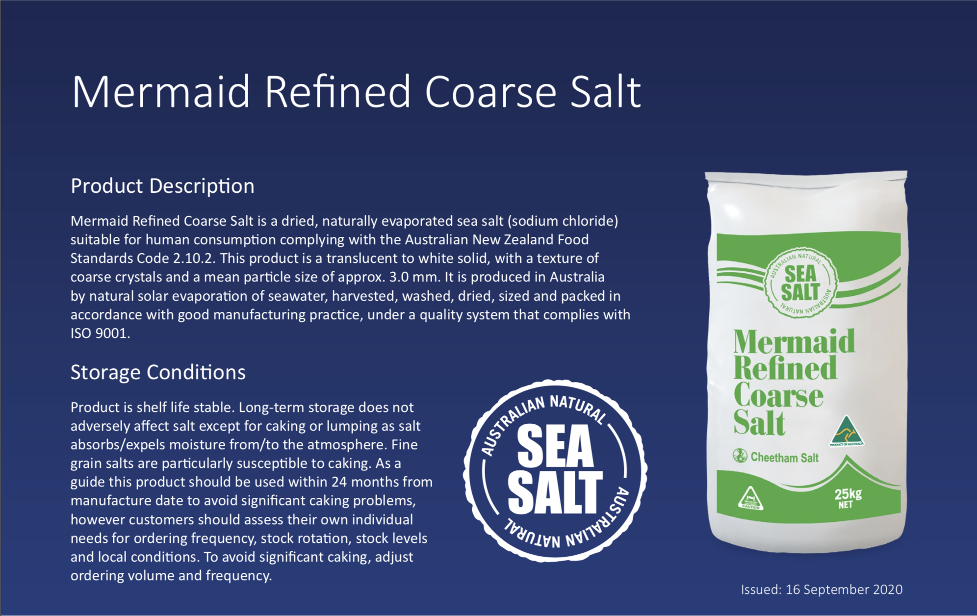 Mermaid Refined Coarse Salt product description. The product description includes a seal stating 