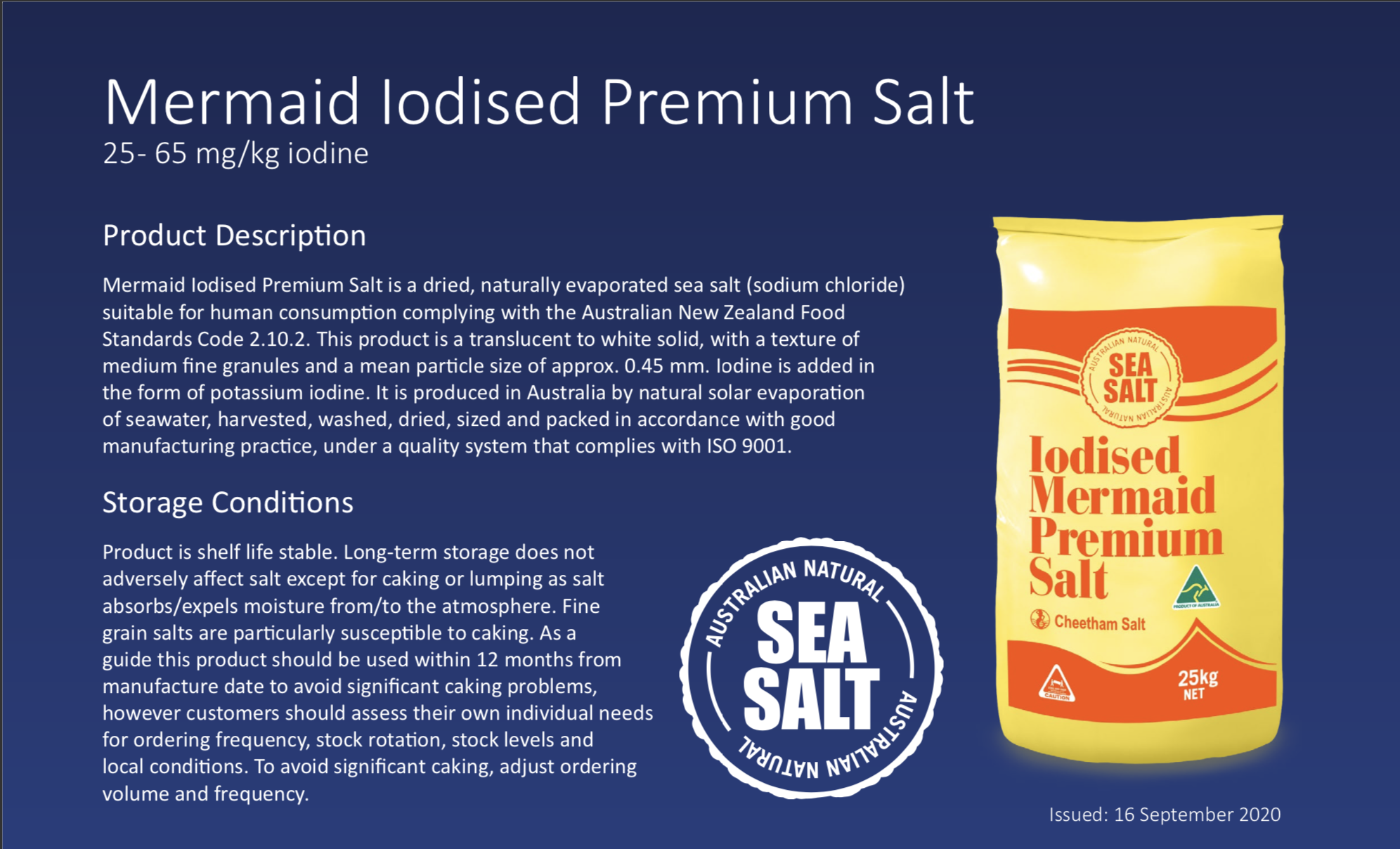 Mermaid Iodised Premium Salt product description. The product description includes a seal that says 