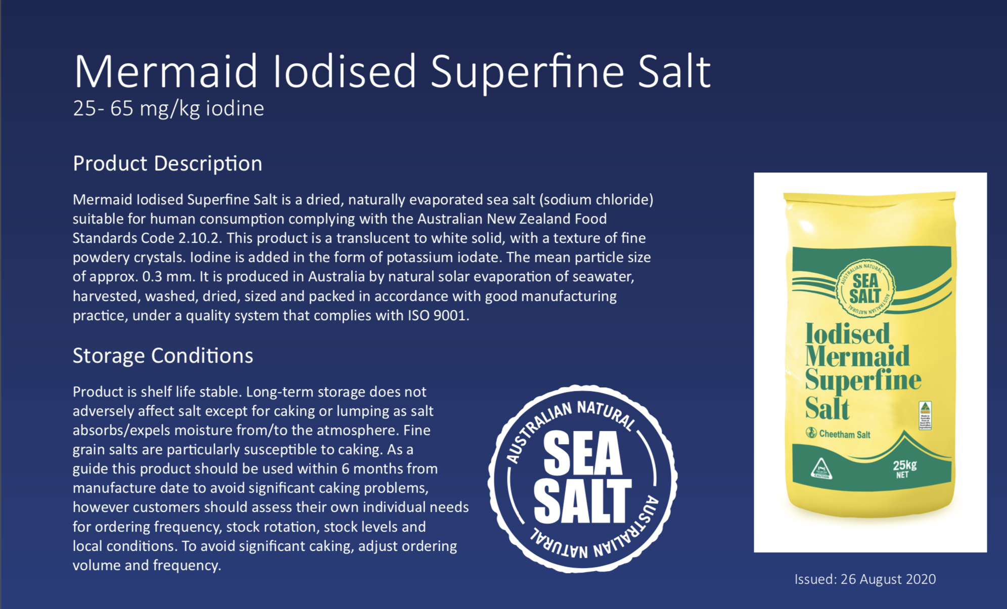 Mermaid Iodise Superfine Salt product description. The product description includes storage conditions and a seal stating 