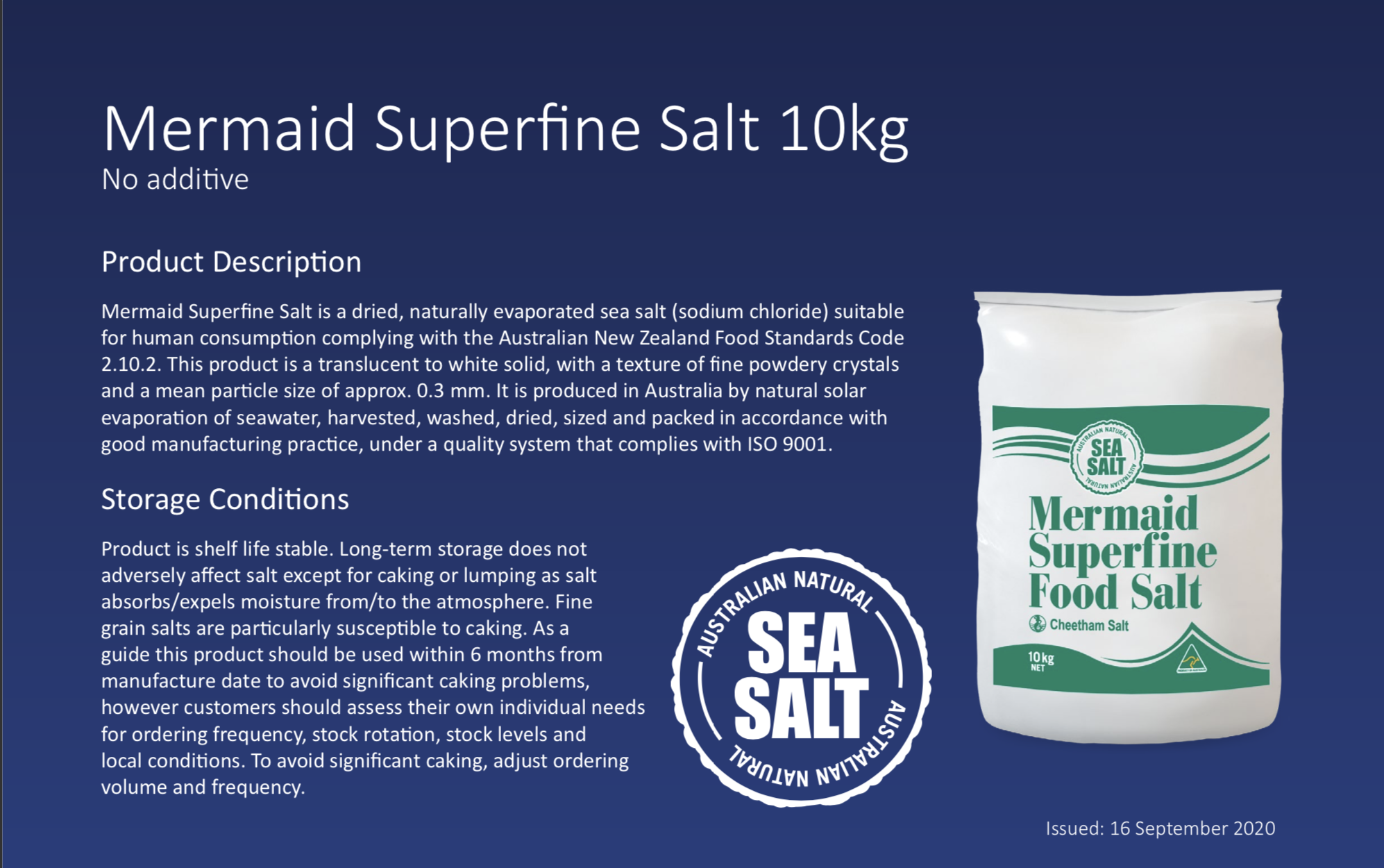 Mermaid Superfine Salt 10kg product description. The product description includes details about the food grade salt as well as storage information.