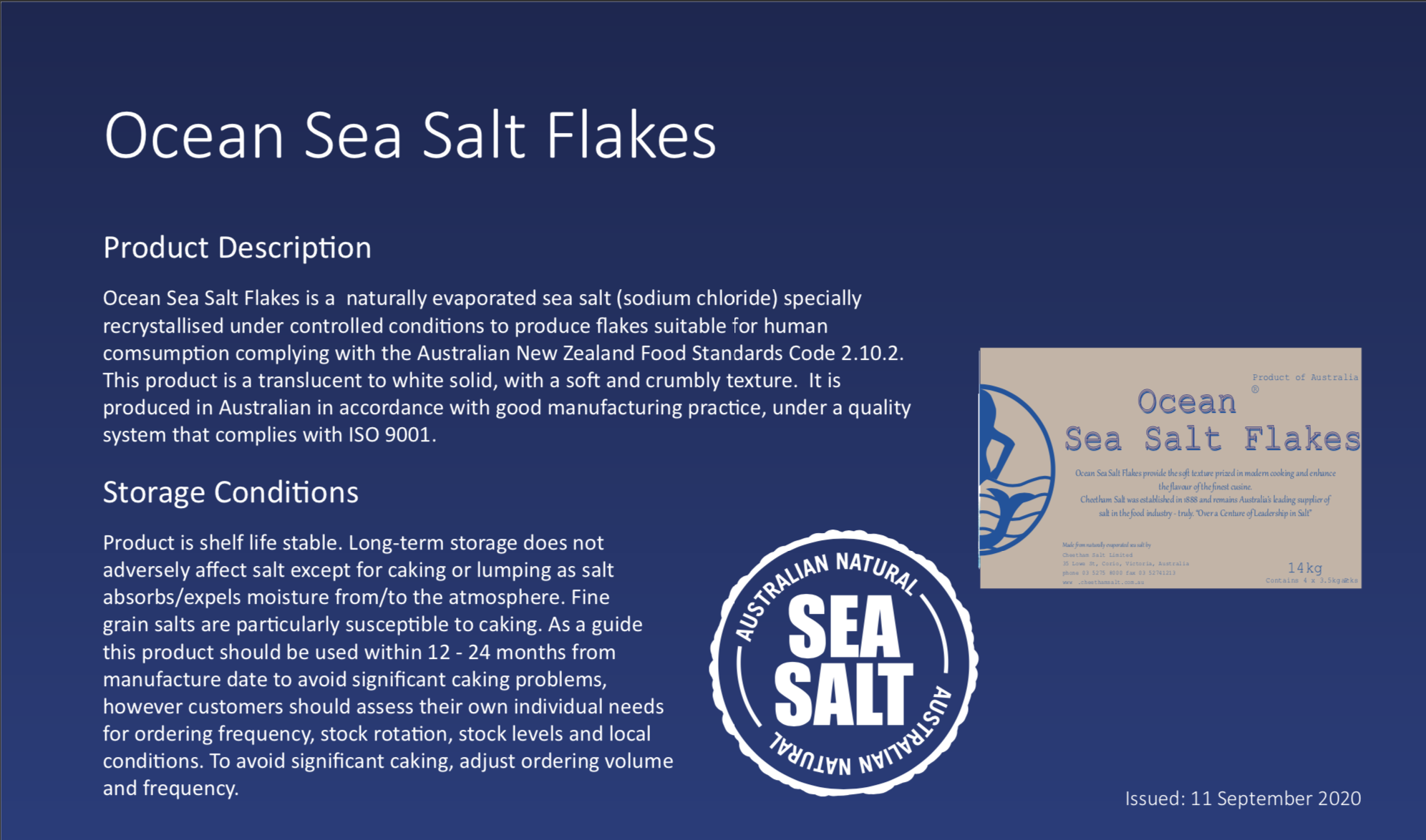 Ocean Sea Salt Flakes product description. The product description includes an image of the product and sotrage condition information.