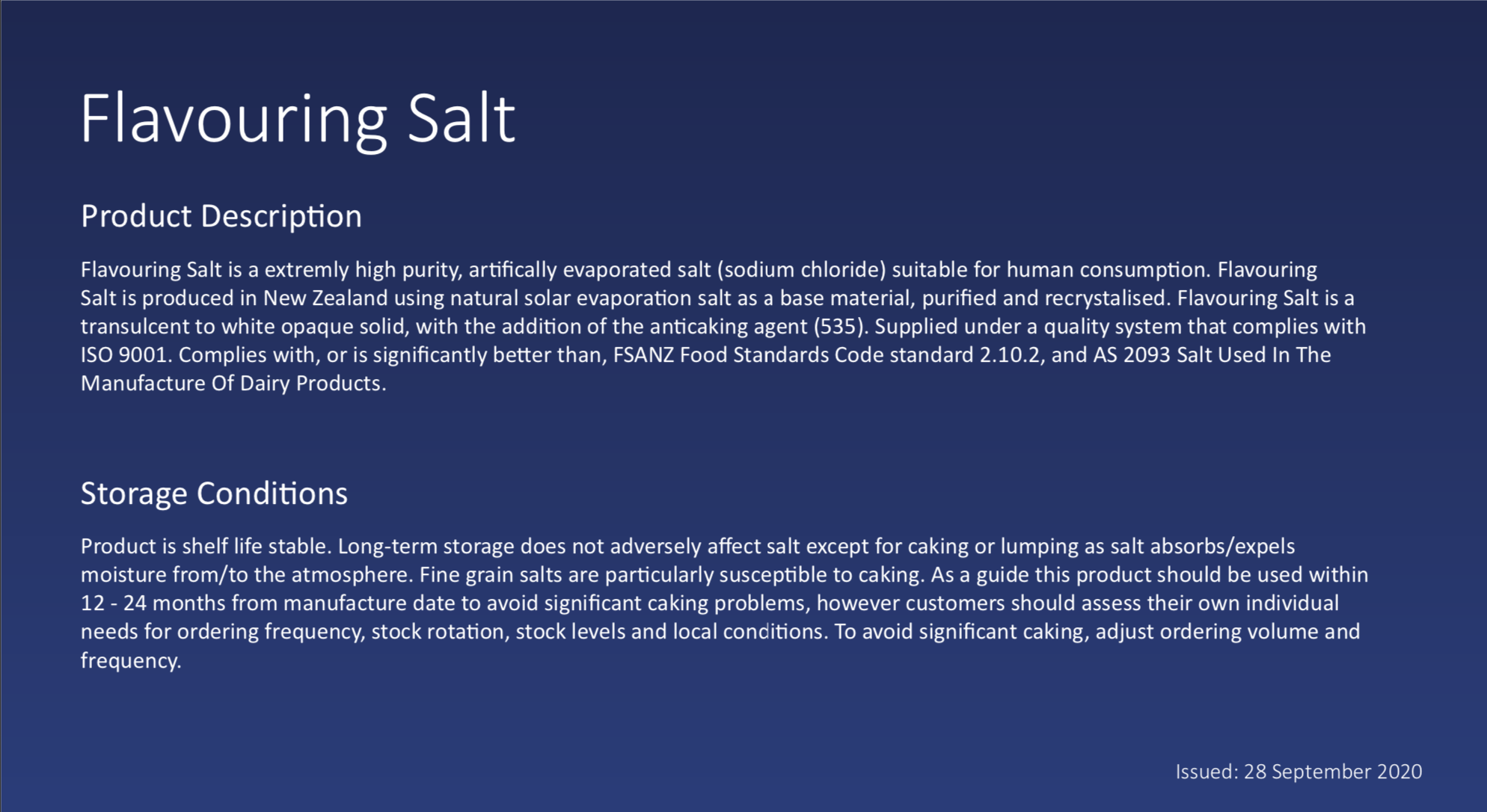 Flavouring Salt product description. Storage conditions are included for this food grade salt.