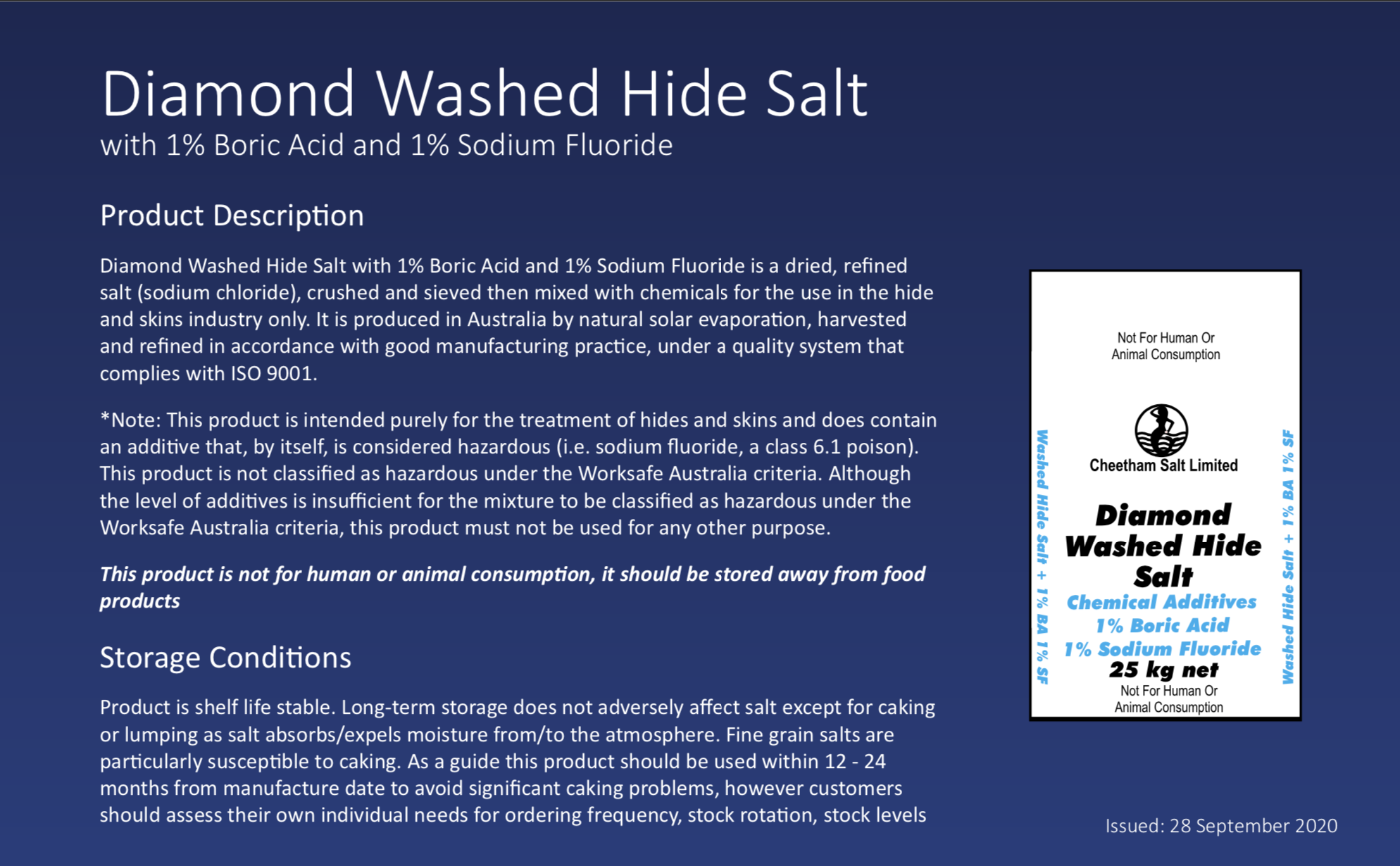Diamond Washed Hide Salt product description. The product description includes information about storage as well as an image of the product.