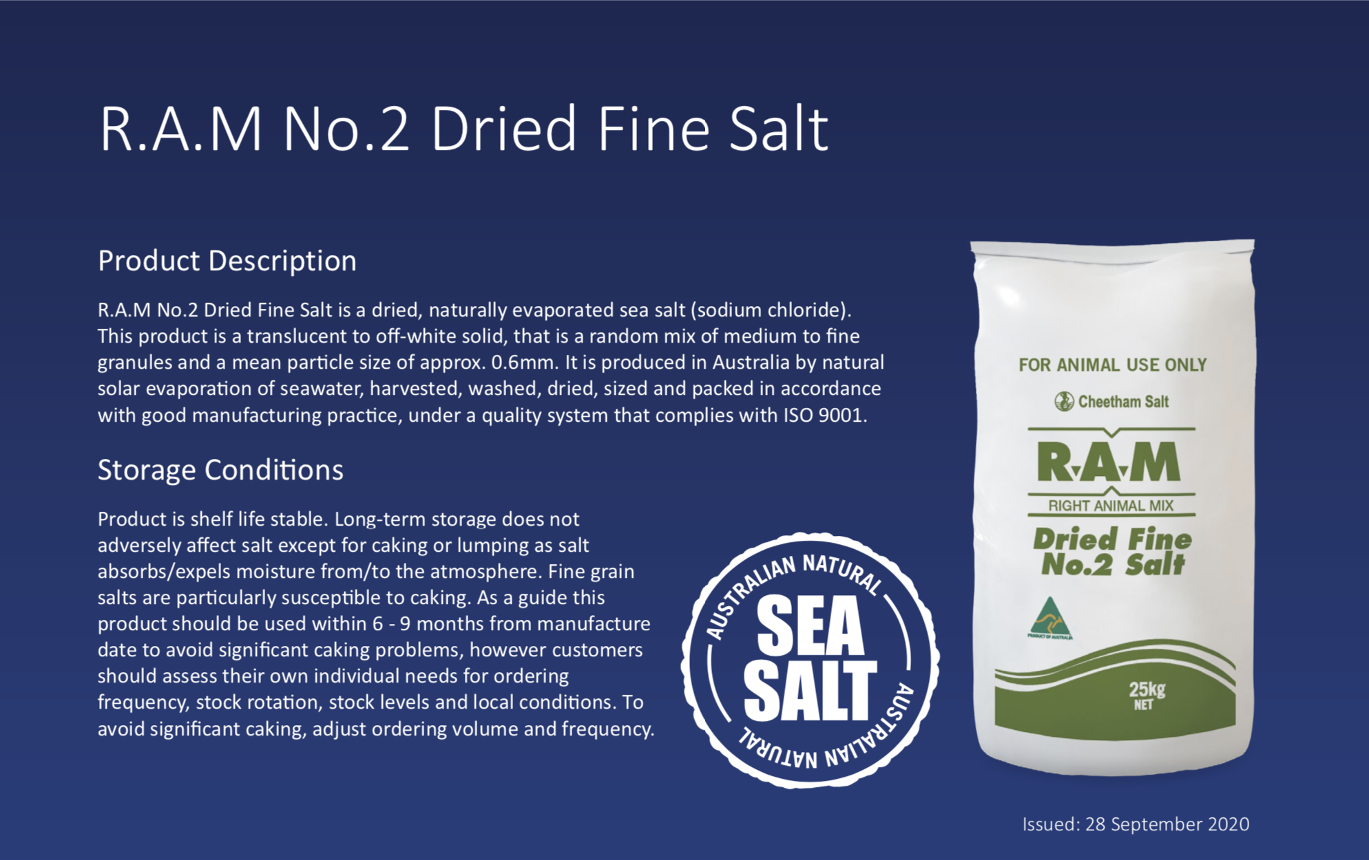 Am image of R.A.M. No.2 dried fine salt product description and storage conditions