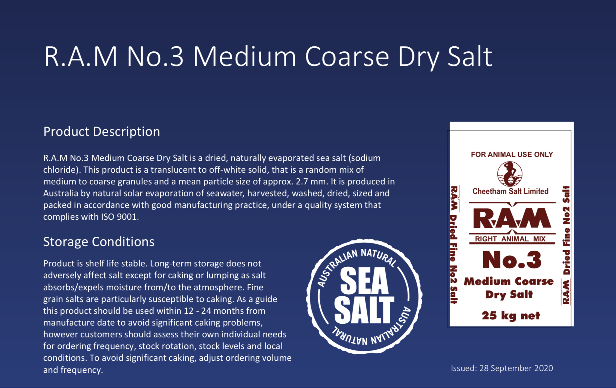 R.A.M. No. 3 Medium Coarse Dry Salt product description. The product description includes storage conditions and a seal stating 