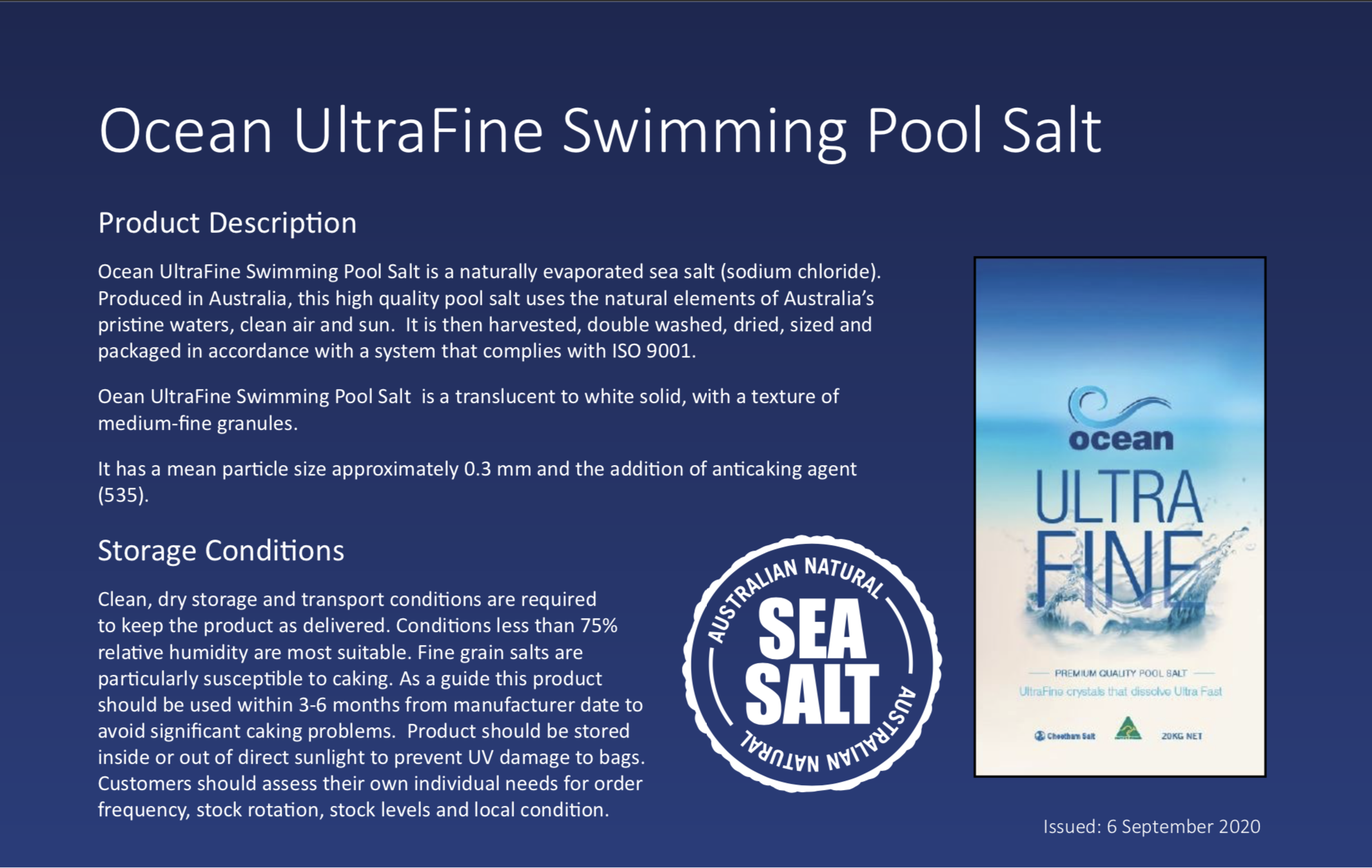 Ocean UltraFine Swimming Pool Salt product description. This swimming pool salt product description includes a photo of the product along with storage conditions.