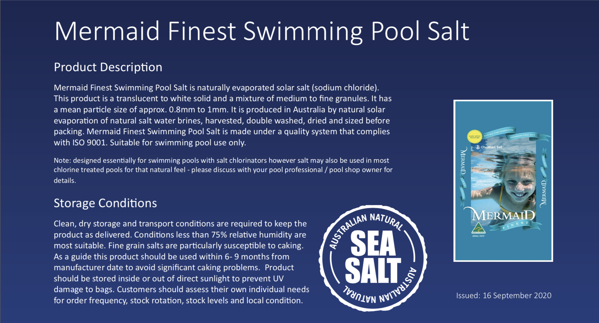 Mermaid Finest Swimming Pool Salt product description that includes an image of the product and a seal reading 