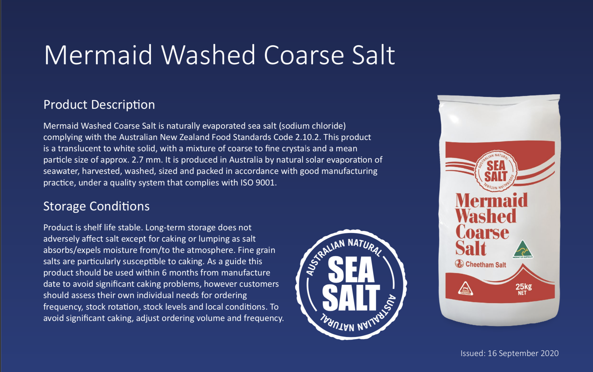 Mermaid Washed Coarse Salt product description. The product description includes information about the food grade salt as well as storage information.