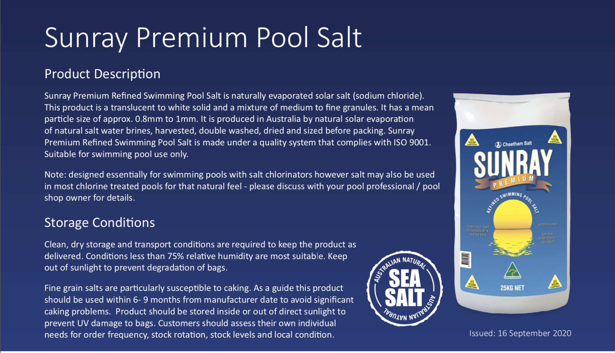 Sunray Premium Pool Salt product description. This product description includes an image of the product along with a seal that states 