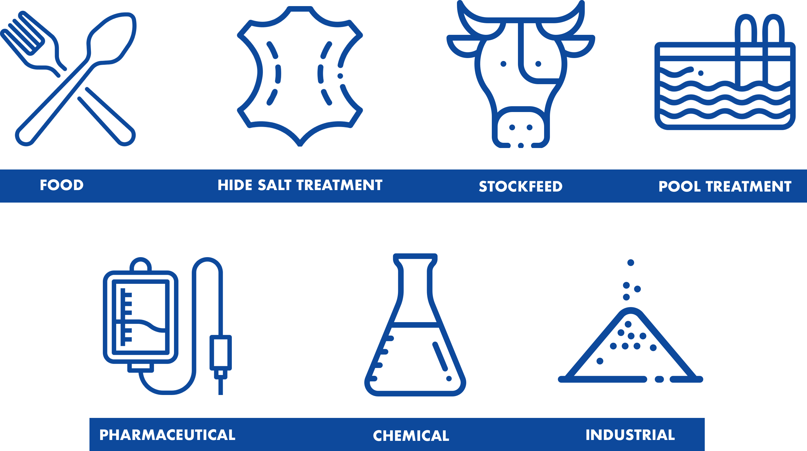 An infographic of different uses for salt including food salt, hide treatment salt, stockfeed salt, pool treatment salt, pharmaceutical salt, chemical salt, and industrial salt