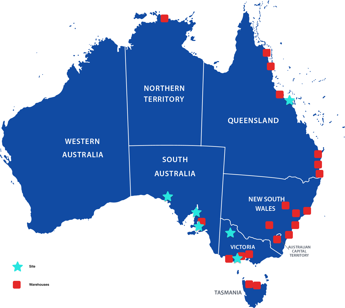 A map of Australia that includes where Cheetham Salt's warehouses and sites are located.